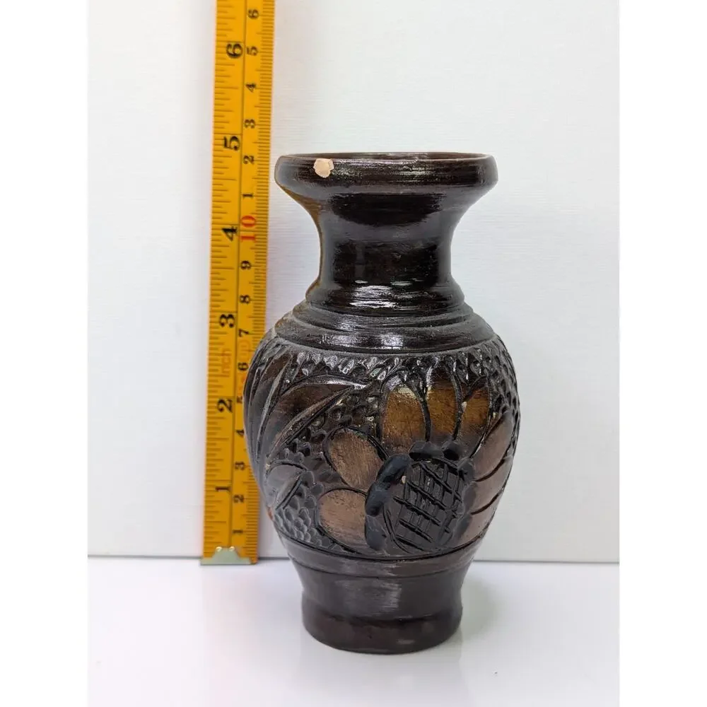 Signed Studio Pottery Vase Brown Glazed Carved Floral Handmade 4.5